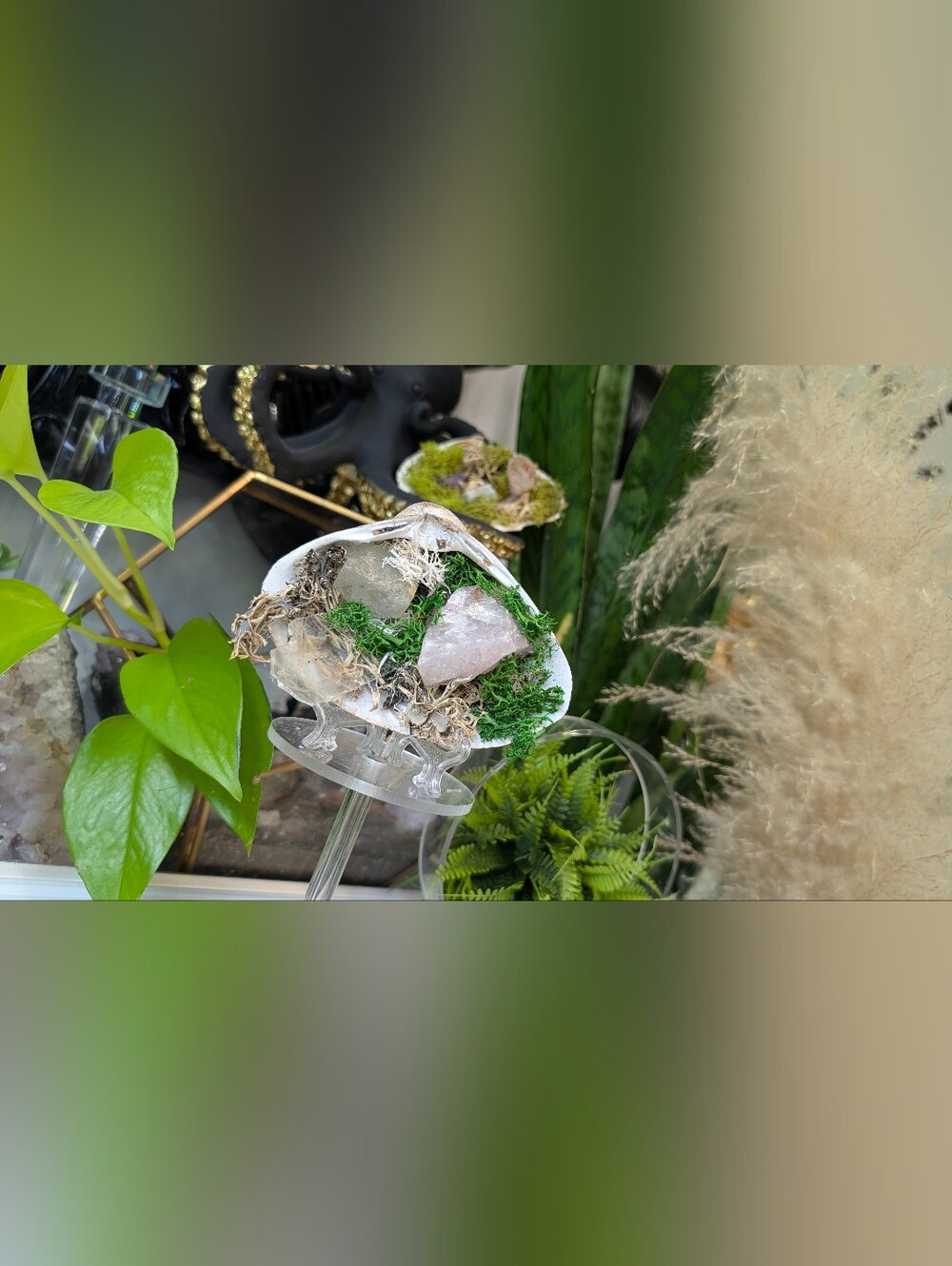 Aura Quartz, Selenite Crystal & Artificial Moss in Seashell (stand Included)